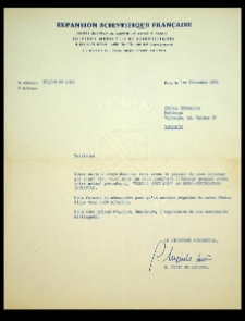 [Korespondencja w sprawie propozycji wymiany czasopisma "Szkoła Specjalna" i "Neuro-Psychiatrie Infantile". Paris, le 1er Decembre 1961]