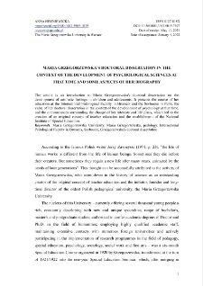 Maria Grzegorzewska's doctoral dissertation in the context of the development of psychological sciences at that time and some aspects of her biography